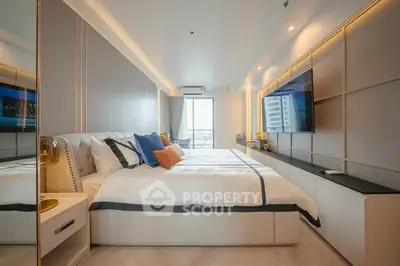 Luxurious modern bedroom with sleek design and large window view