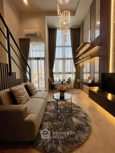 Luxurious high-ceiling living room with elegant decor and large windows offering stunning city views.