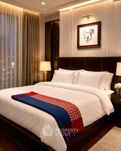 Luxurious bedroom with elegant decor and city view, featuring a cozy bed and ambient lighting.