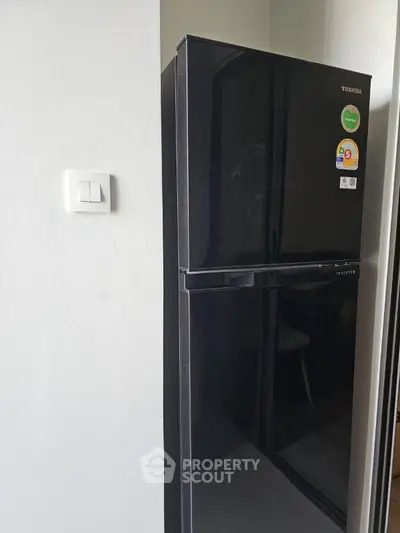 Modern black refrigerator in sleek kitchen corner, perfect for contemporary homes.