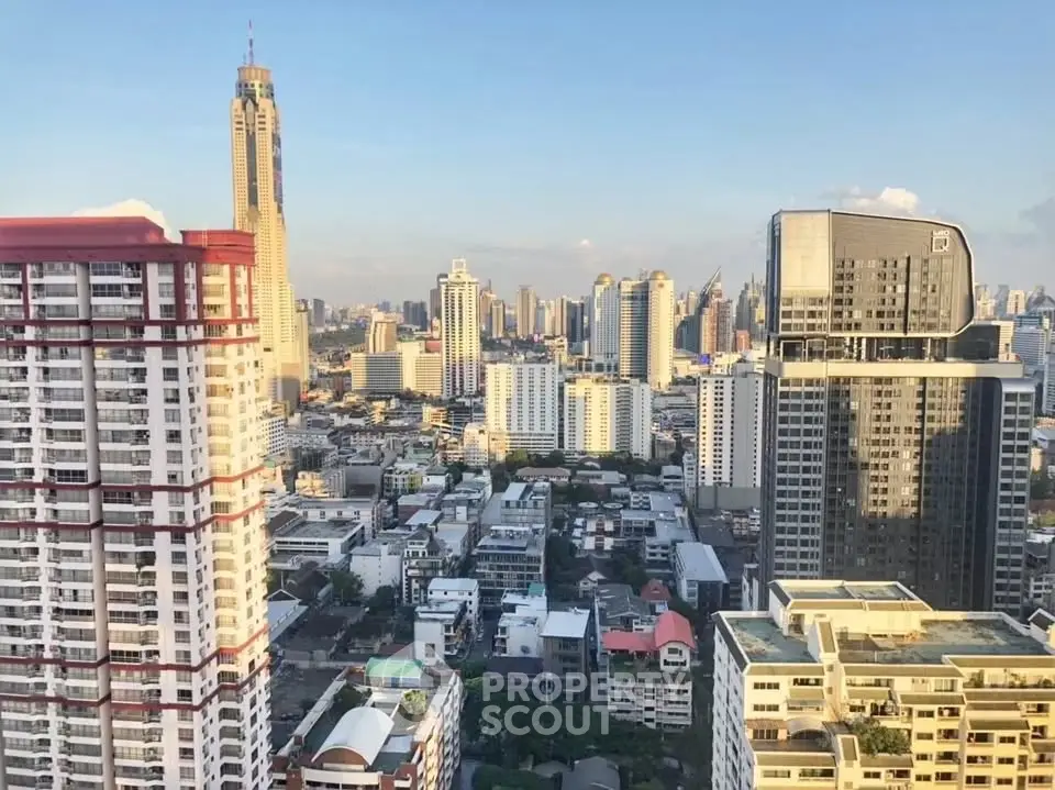 Stunning cityscape view showcasing modern high-rise buildings and urban skyline at sunset.