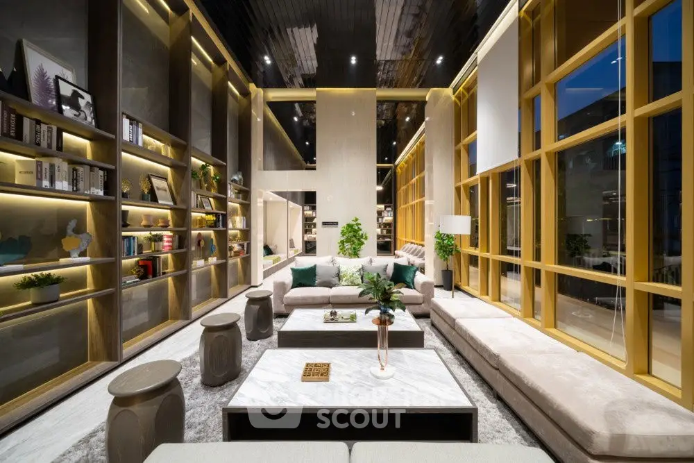Luxurious modern living room with high ceilings and elegant decor