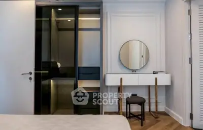 Modern bedroom with sleek wardrobe and stylish vanity in a contemporary apartment.