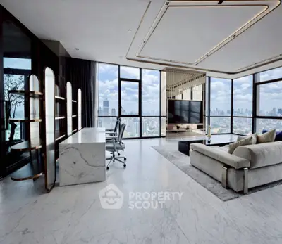 Luxurious modern living room with panoramic city views and elegant marble flooring.