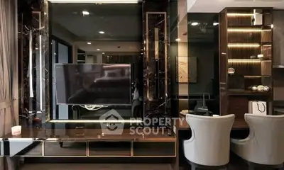 Luxurious modern living room with elegant decor and ambient lighting