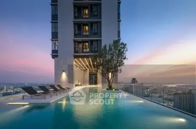 Luxurious rooftop pool with stunning city skyline view at sunset.