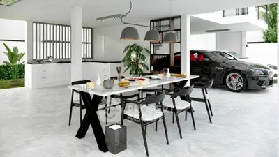 Luxurious open-air dining area with sleek modern design and adjacent sports car parking.