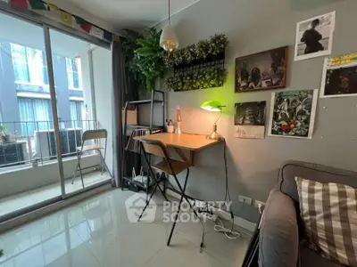 Cozy study nook with balcony view in modern apartment