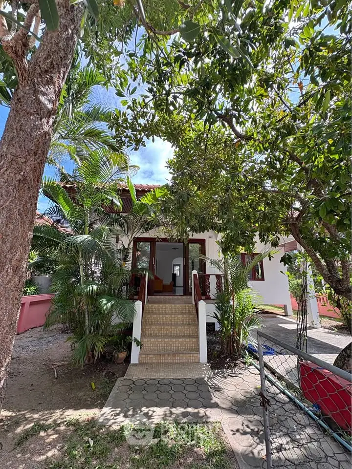 Charming tropical home entrance surrounded by lush greenery and trees, offering a serene and inviting atmosphere.