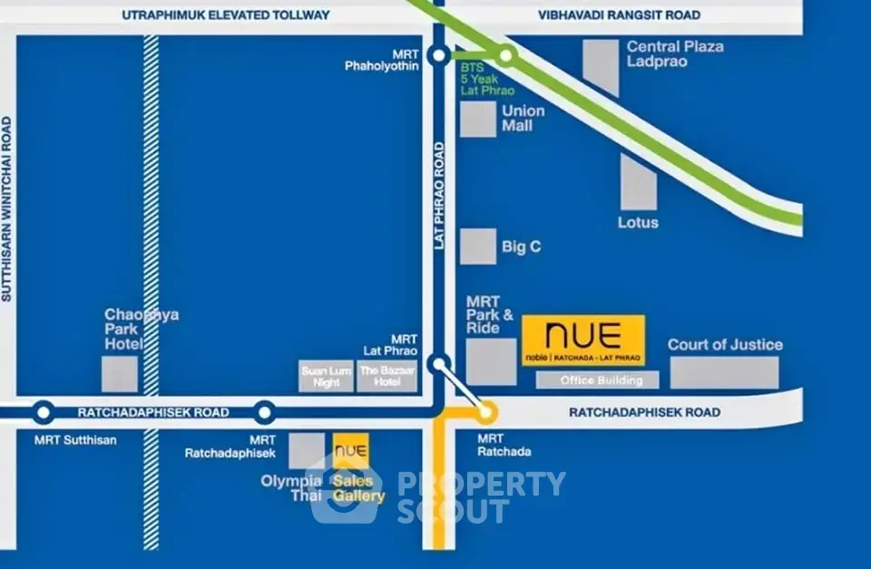 Map showing location of NUE Noble Ratchada-Lat Phrao near MRT and shopping centers.