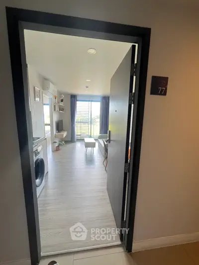 Modern apartment entrance with open living room and washing machine