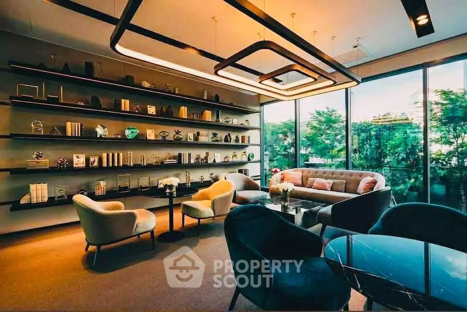 Luxurious modern living room with elegant decor and large windows