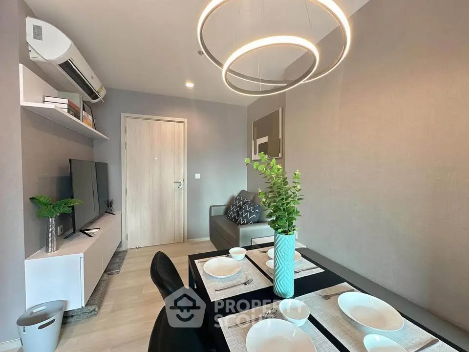 Modern living room with stylish dining area and contemporary decor