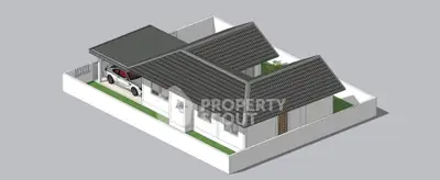 Modern architectural rendering of a single-story house with carport and tiled roof.