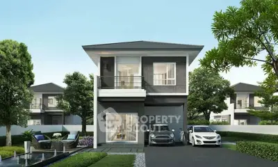 Modern two-story house with sleek design, spacious driveway, and lush garden in a serene neighborhood.