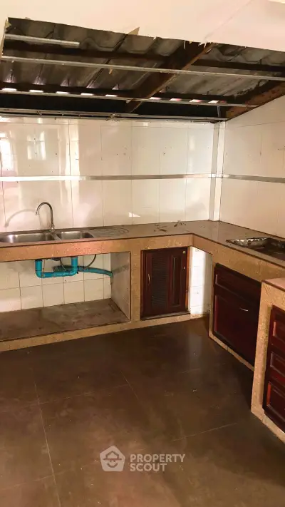 Spacious kitchen with ample counter space and under-sink storage, ideal for culinary enthusiasts.