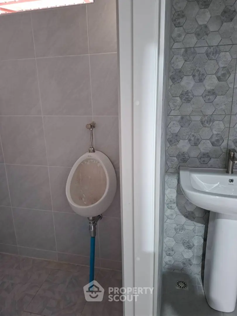 Modern bathroom with urinal and stylish hexagonal tile design