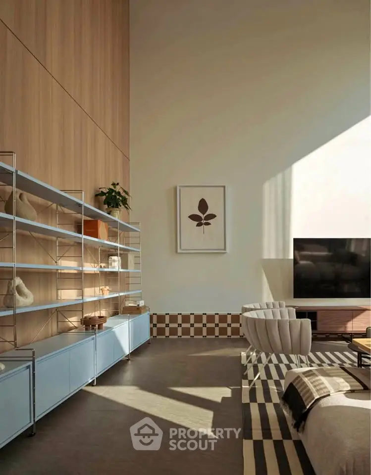 Spacious modern living room with high ceilings, stylish shelving, and elegant decor.