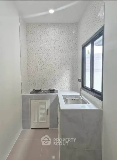 Modern kitchen with sleek design, featuring a gas stove and ample natural light.