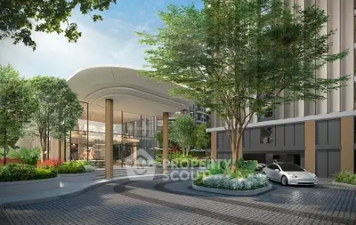 Luxurious modern building entrance with sleek design and lush landscaping, featuring a stylish car in the driveway.