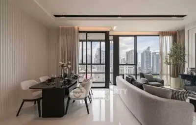 Luxurious modern living room with city view and elegant dining area