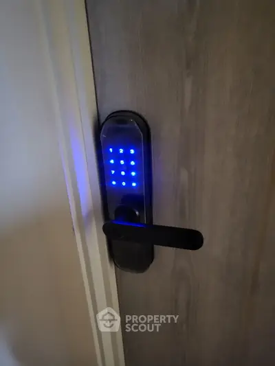 Modern digital door lock with illuminated keypad on wooden door, enhancing security and style.