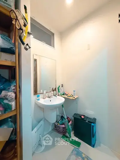 Compact bathroom with sink, mirror, and storage shelves, ideal for efficient space utilization.
