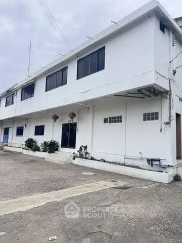 Spacious commercial building with modern facade and ample parking space.