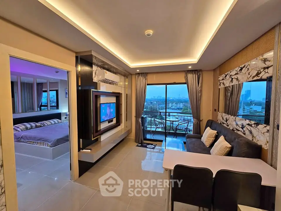 Modern open-plan living room with city view and stylish decor