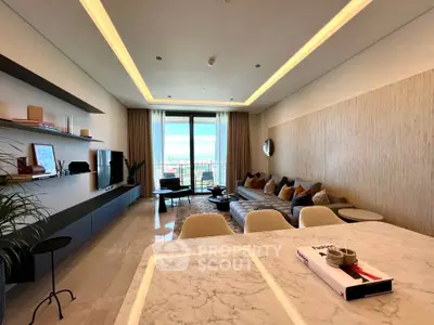 Luxurious modern living room with elegant decor and stunning city view
