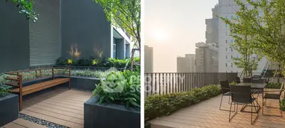 Stunning rooftop garden with modern seating and city skyline view, perfect for relaxation and entertainment.