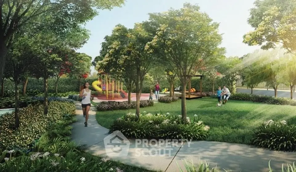 Lush green garden with walking paths and playground in a serene residential community.