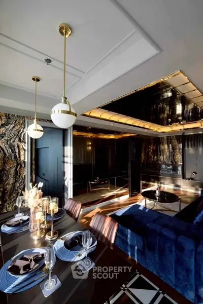 Luxurious modern living room with elegant dining area and stylish decor