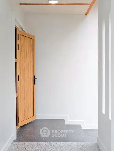 Modern minimalist entrance with wooden door and sleek flooring