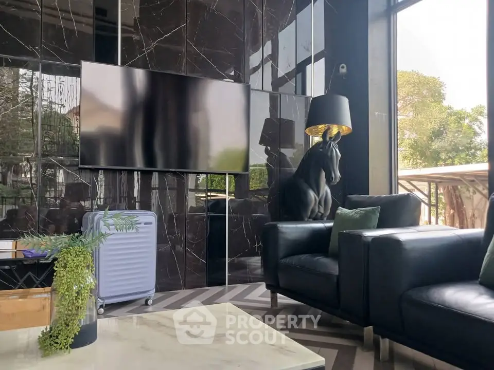 Luxurious modern living room with marble walls and stylish decor