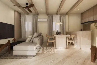 Modern living room with open kitchen, featuring neutral tones and elegant furnishings.