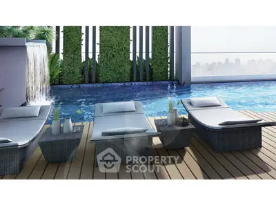 Luxurious rooftop pool with stylish loungers and city skyline view, perfect for relaxation and leisure.