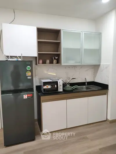 Modern compact kitchen with sleek cabinets and appliances in a stylish apartment.