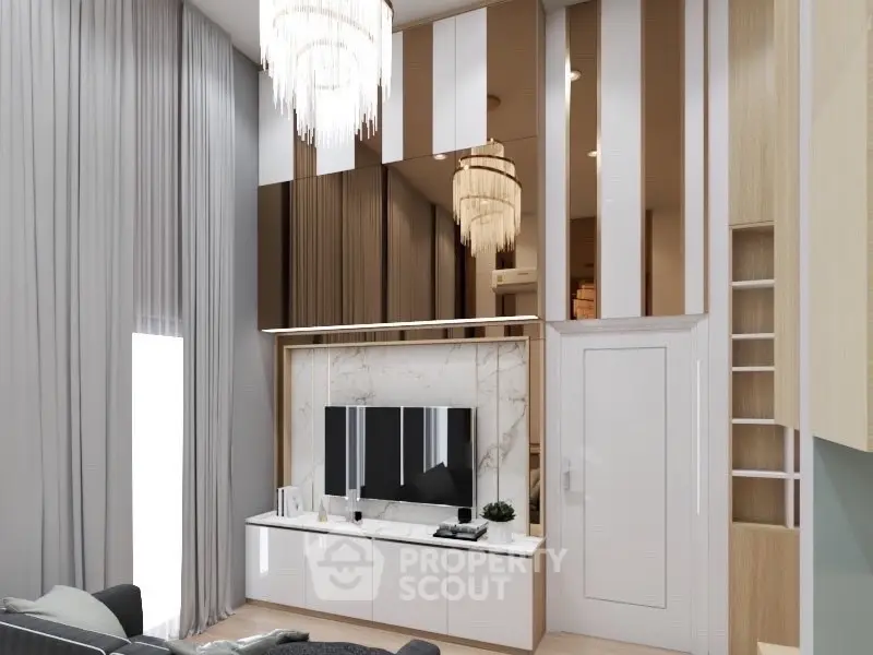 Luxurious modern living room with high ceilings and elegant chandelier