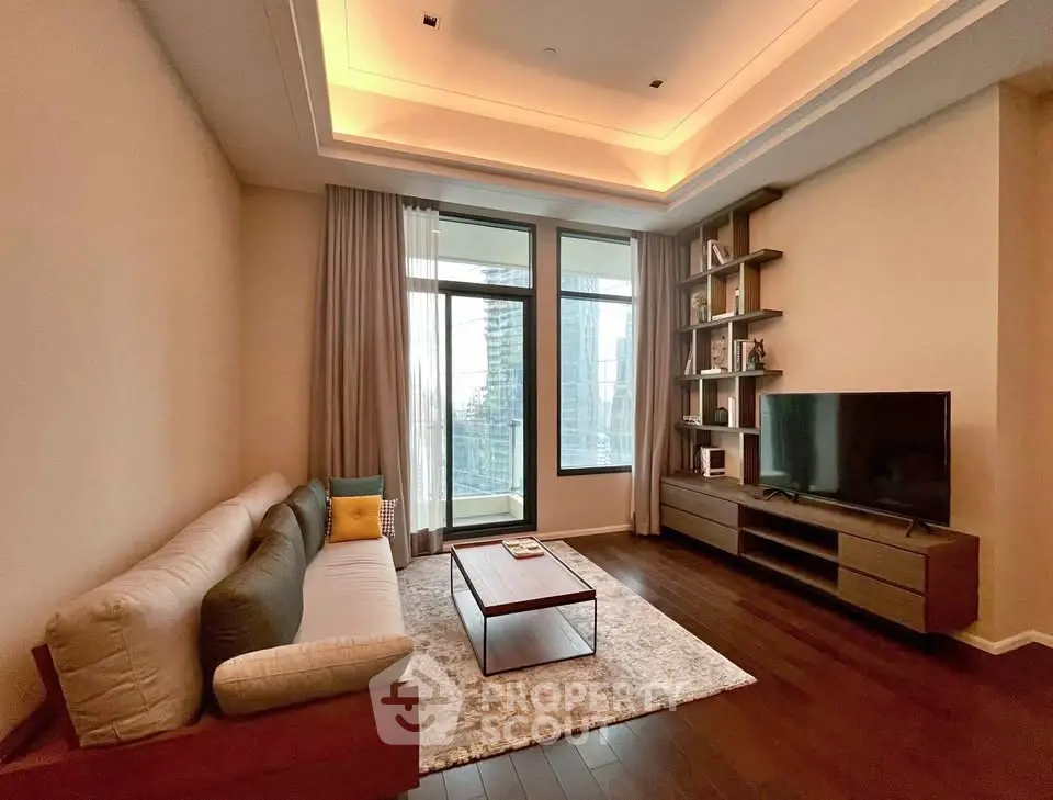Spacious modern living room with large windows and city view