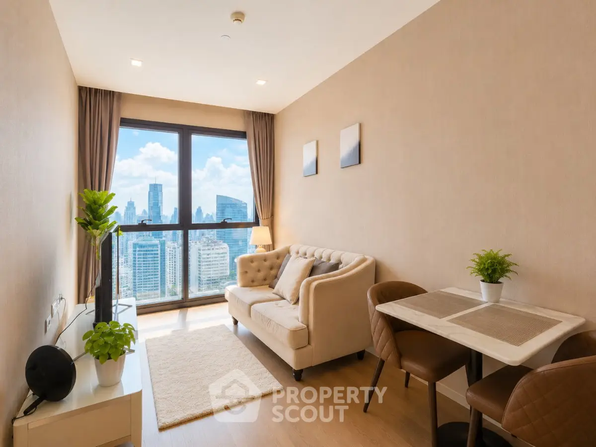 Modern living room with city view, elegant decor, and cozy seating area in high-rise apartment.