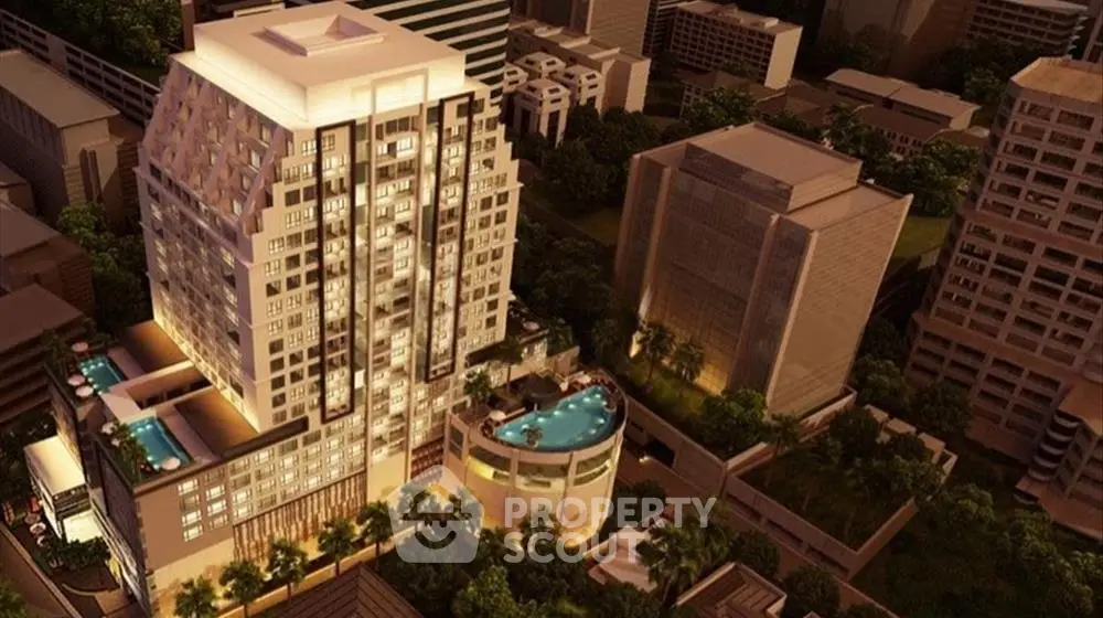 Luxurious high-rise building with stunning rooftop pool and cityscape view at night.