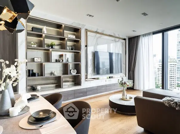 Luxurious modern living room with elegant decor and city view