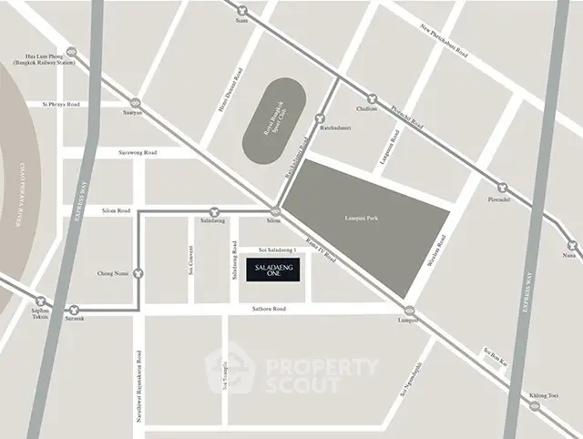 Map showing location of Sala Daeng One near Lumpini Park in Bangkok.