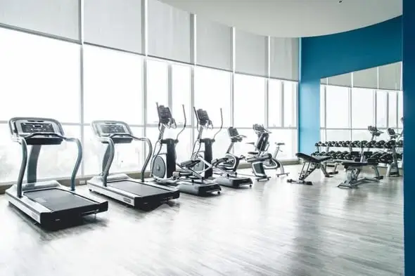 Spacious modern gym with state-of-the-art equipment and large windows for natural light.