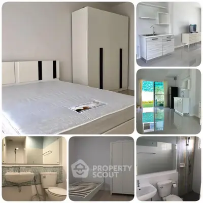 Modern apartment interior with bedroom, bathroom, and kitchen featuring sleek white furniture and ample natural light.