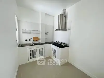 Modern minimalist kitchen with gas stove and sleek ventilation hood