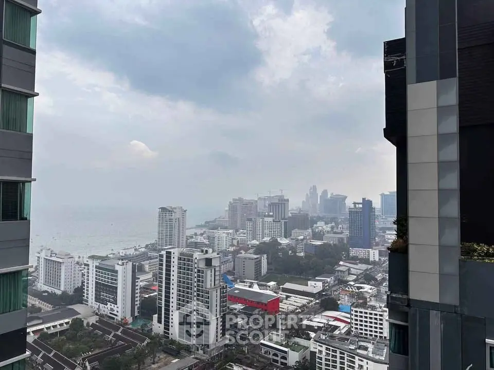 Stunning cityscape view from high-rise building overlooking urban skyline and ocean.
