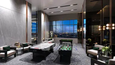 Luxurious game room with stunning city view, featuring air hockey and foosball tables, modern decor and ambient lighting.