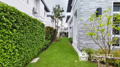 Charming garden pathway between modern homes with lush greenery and stylish facade.